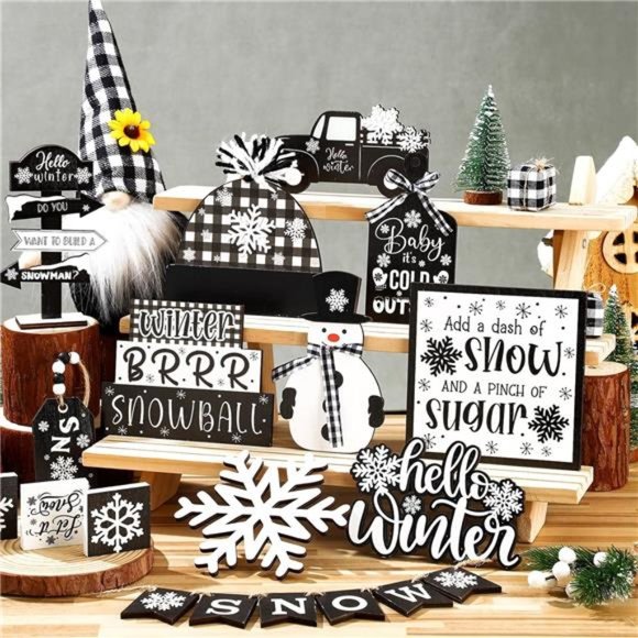 Christmas Tiered Tray Winter Decorations Set (Black and White Plaid) - Picture 5 of 6